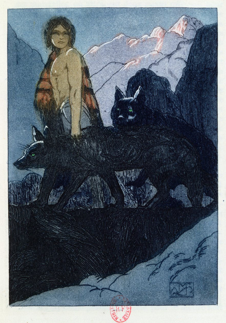 Mogli e os Lobos, ilustração de "O Livro da Selva", de Rudyard Kipling (1865-1936), publicada em Paris, 1930 de Maurice de Becque