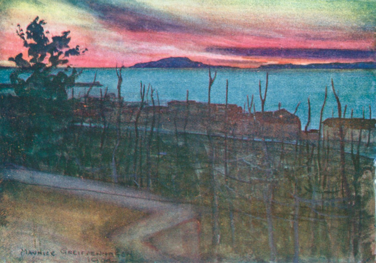 Ischia a partir de Castellamare, pôr do sol (litografia a cores) de Maurice (after) Greiffenhagen