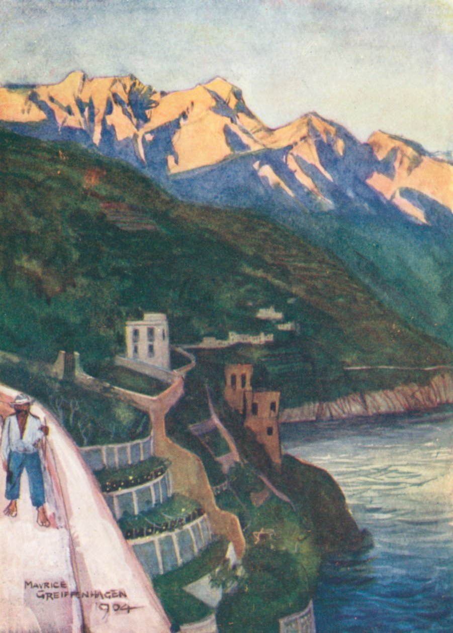 Minori ao pôr do sol (litografia a cores) de Maurice (after) Greiffenhagen