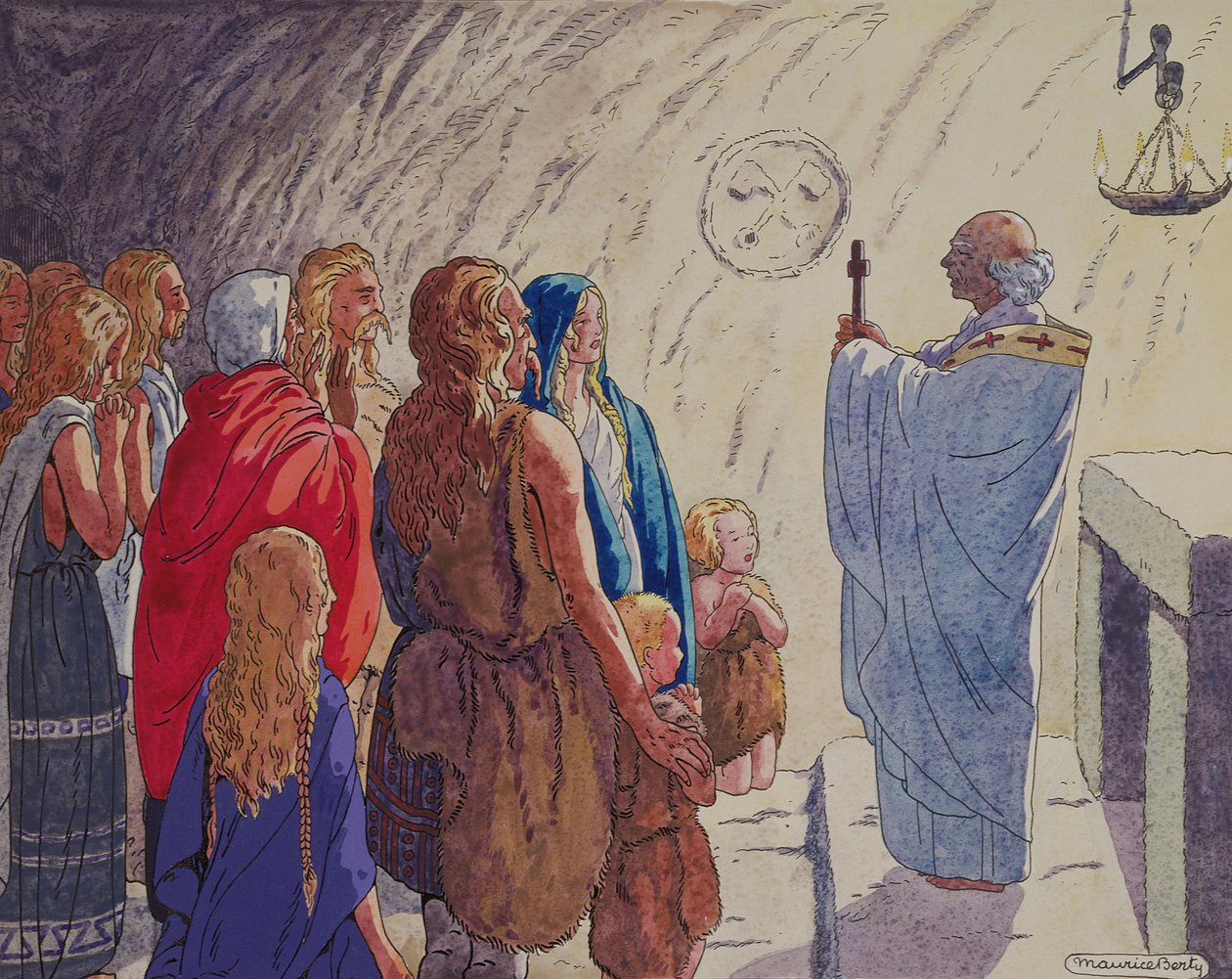 Conversão religiosa dos Gauleses, c.1920-29 (caneta e tinta e aguarela sobre papel) de Maurice Berty