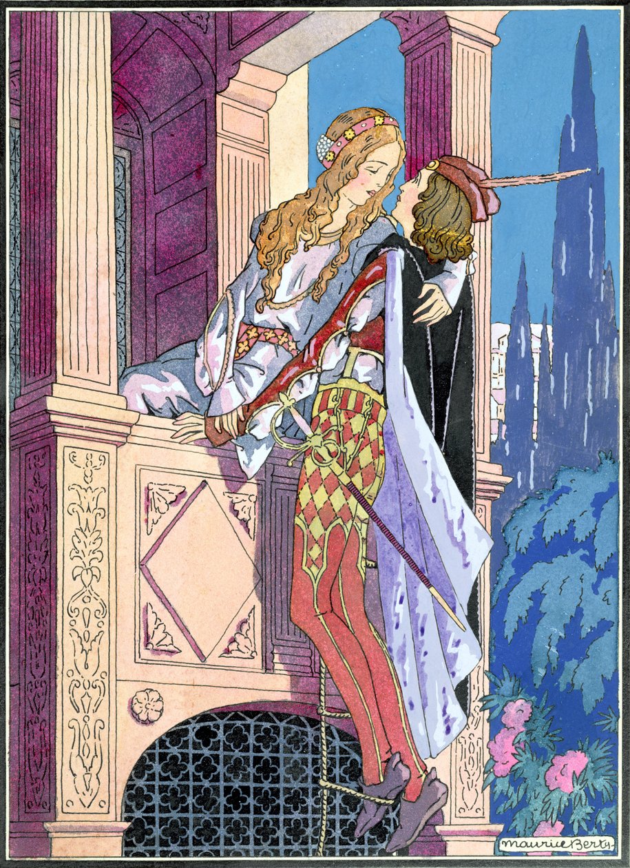 Romeu e Julieta na cena da varanda, c.1920 (cor litho) de Maurice Berty