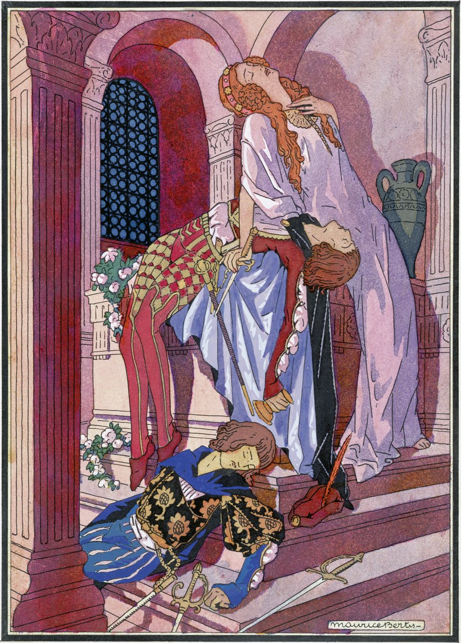 A Morte de Romeu e Julieta, cena final da peça de William Shakespeare (1564-1616) (lito) de Maurice Berty