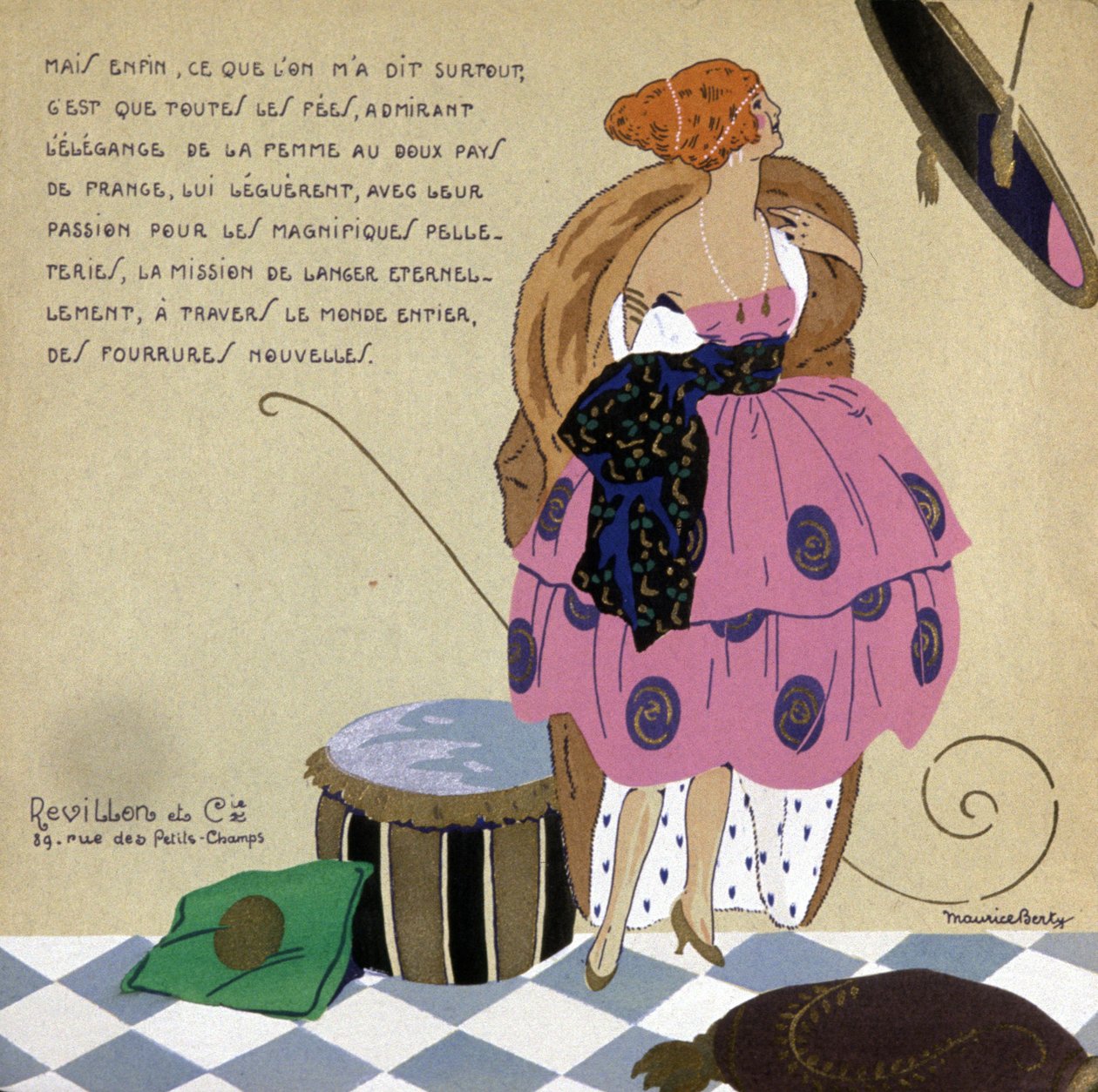 Mulher diante do seu espelho, anúncio para peles Revillon, c. 1920-1930 (ilustração) de Maurice Berty