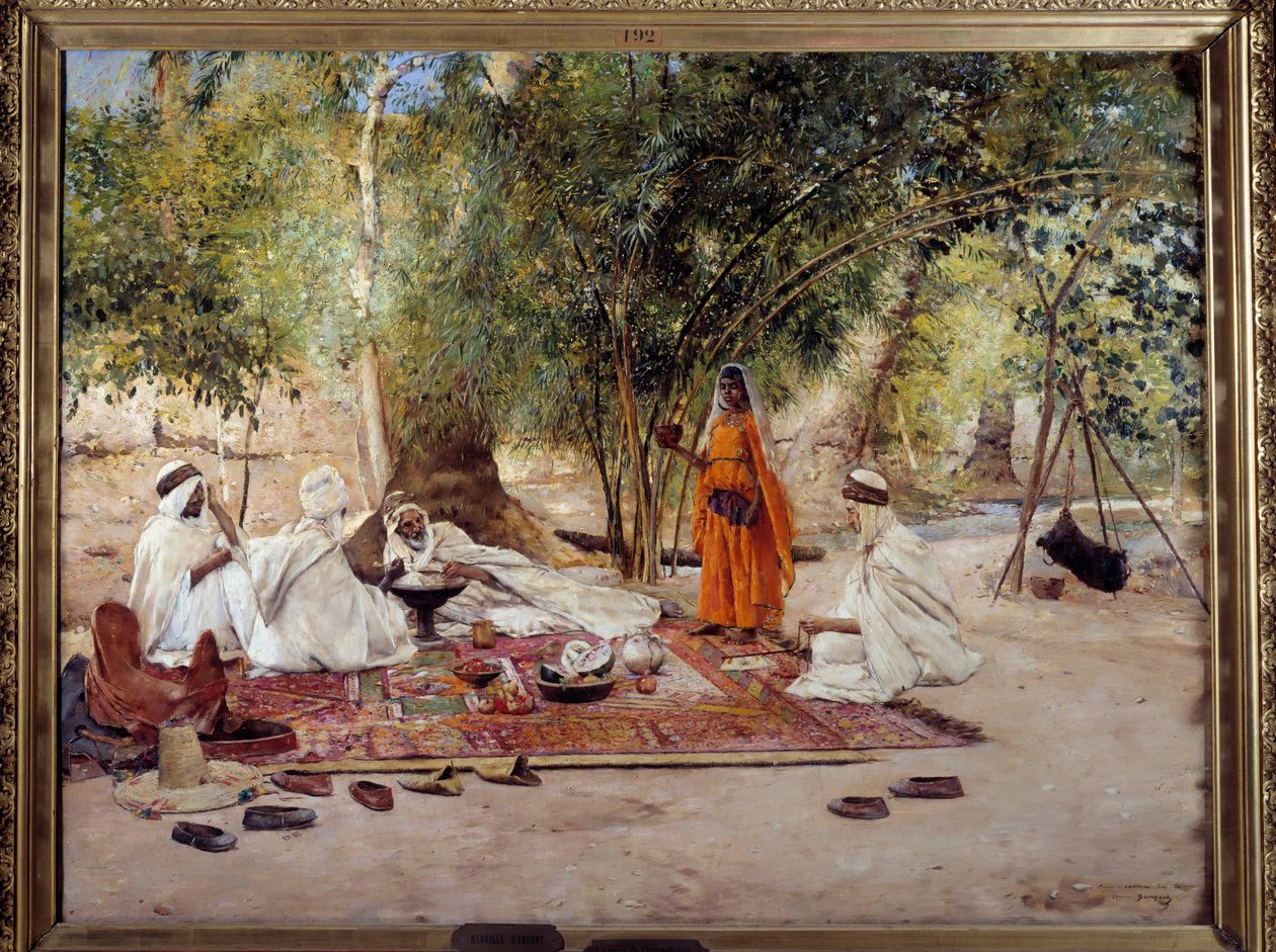 Orientalismo: "a refeição da hospitalidade" Cena da vida árabe no oásis de Chelma, perto de Biskra, na Argélia. Pintura de Maurice Bompard (1857-1936) 1891 Marselha, Musee des Beaux Arts de Maurice Bompard