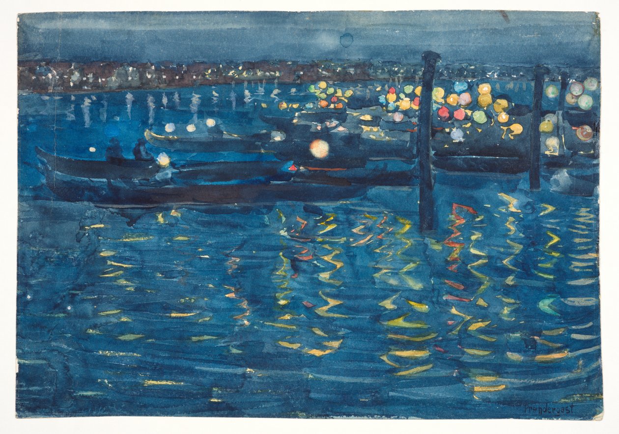 Noite de festa, Veneza, c. 1898-1899 (grafite, aguarela e cor de corpo sobre papel de cera) de Maurice Brazil Prendergast