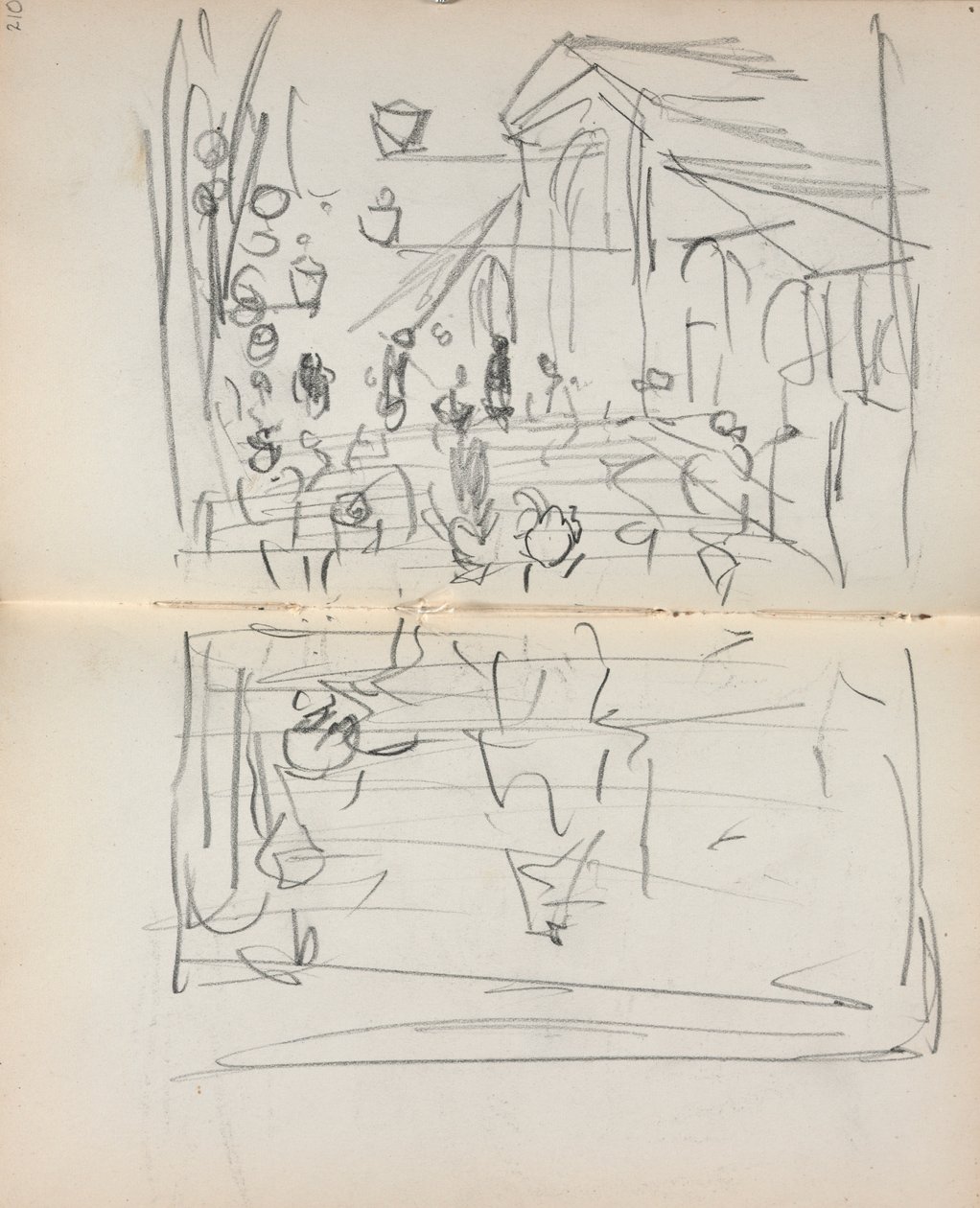 Caderno de desenho italiano: Ponte com figuras, página 209 e 210, 1898-1899. de Maurice Brazil Prendergast