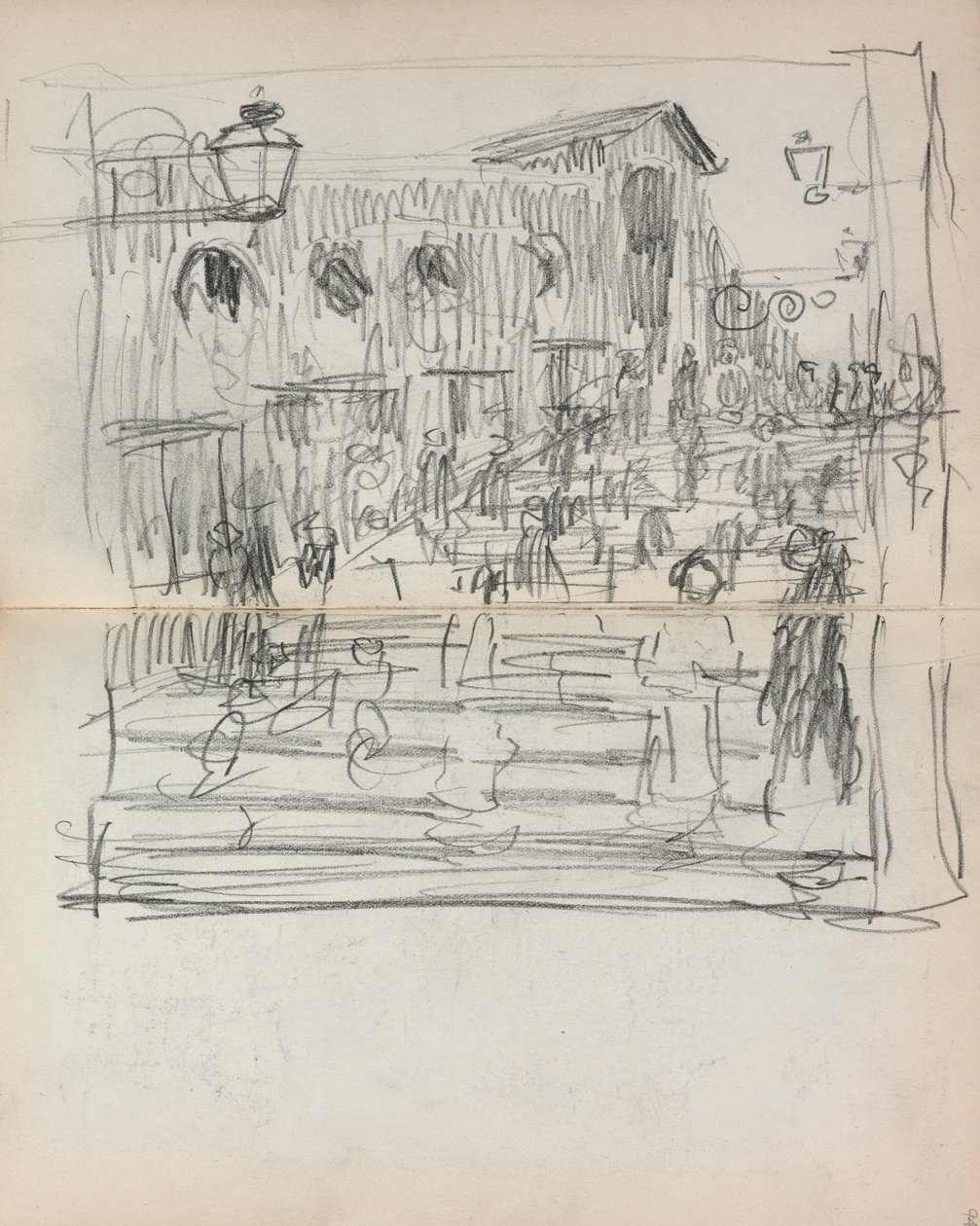 Caderno de desenho italiano: Ponte com figuras, páginas 93 e 94, 1898-1899. de Maurice Brazil Prendergast