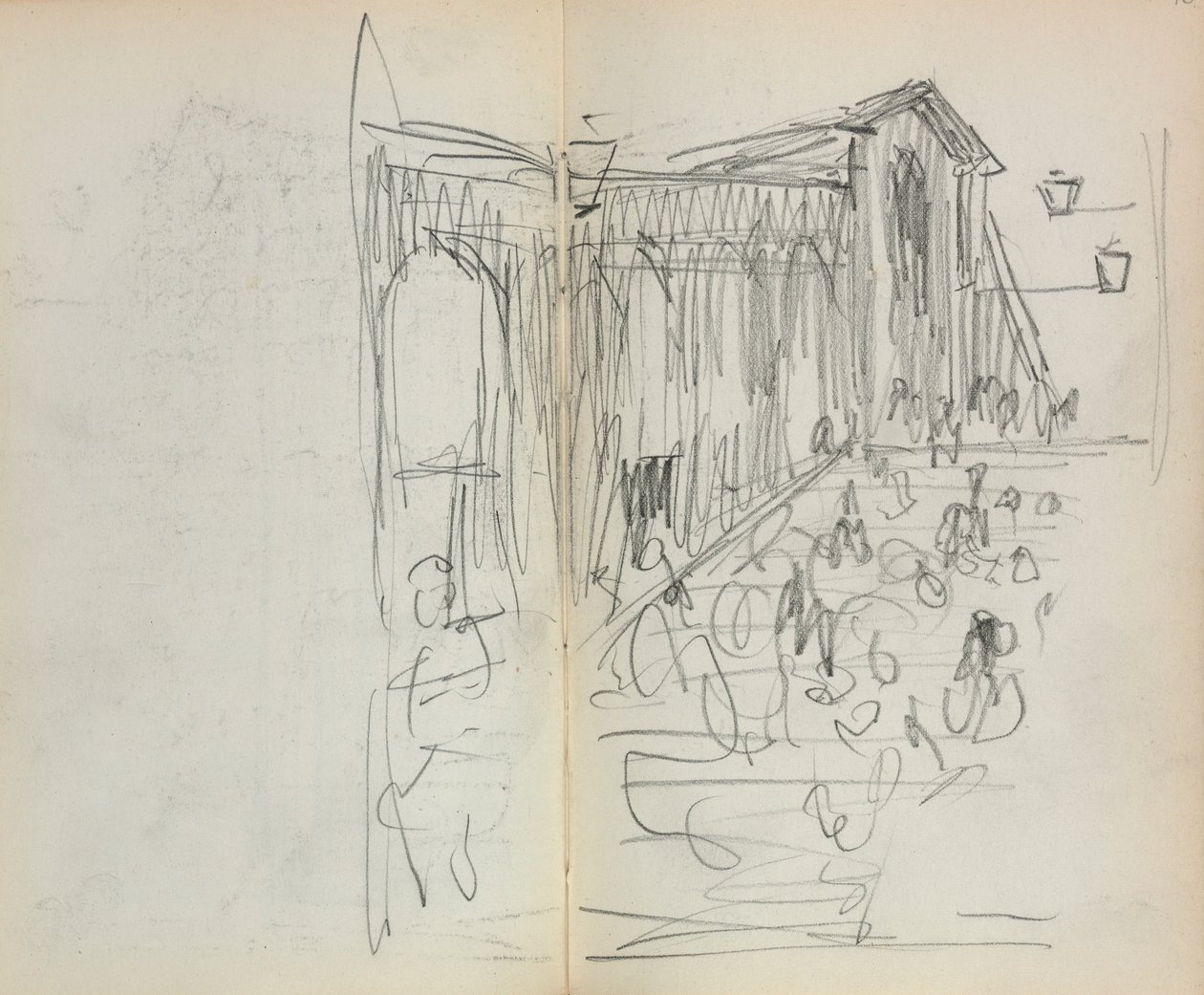 Caderno de desenho italiano: Ponte com figuras, páginas 95 e 96, 1898-1899. de Maurice Brazil Prendergast