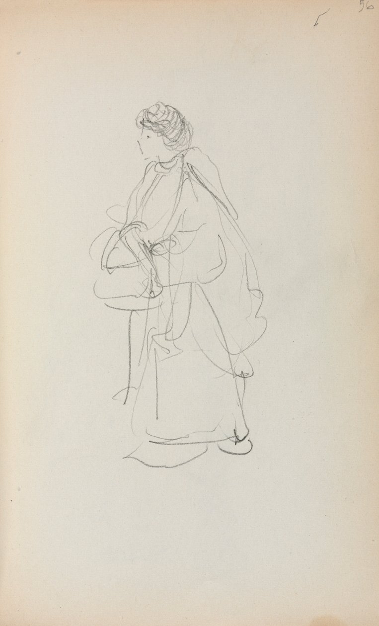 Caderno de desenho italiano: Mulher em pé, segurando uma sacola, página 56, 1898-1899. de Maurice Brazil Prendergast