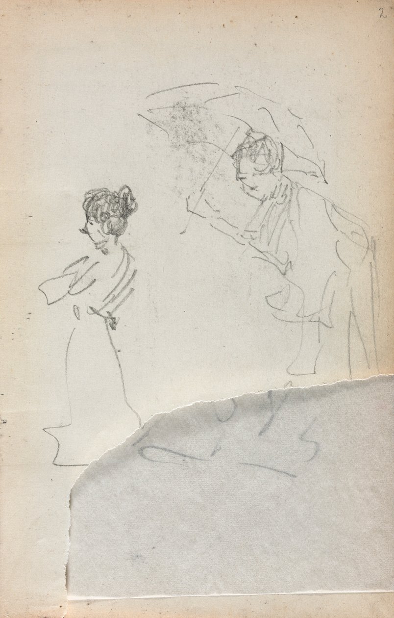 Caderno de desenho italiano: Mulher de pé no perfil e homem com guarda-chuva, página 2, 1898-1899. de Maurice Brazil Prendergast