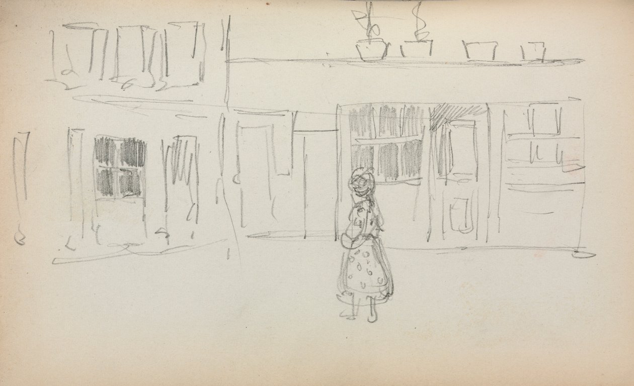 Caderno de desenho italiano: Cena de rua com uma garota, página 159, 1898-1899. de Maurice Brazil Prendergast