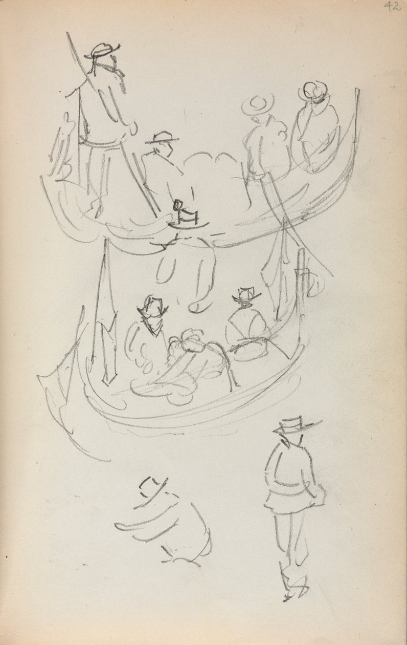 Caderno de desenho italiano: Duas gôndolas com figuras, 1898-1899. de Maurice Brazil Prendergast