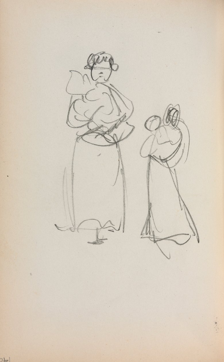 Caderno de desenho italiano: Duas mulheres em pé segurando bebês, página 140, 1898-1899. de Maurice Brazil Prendergast