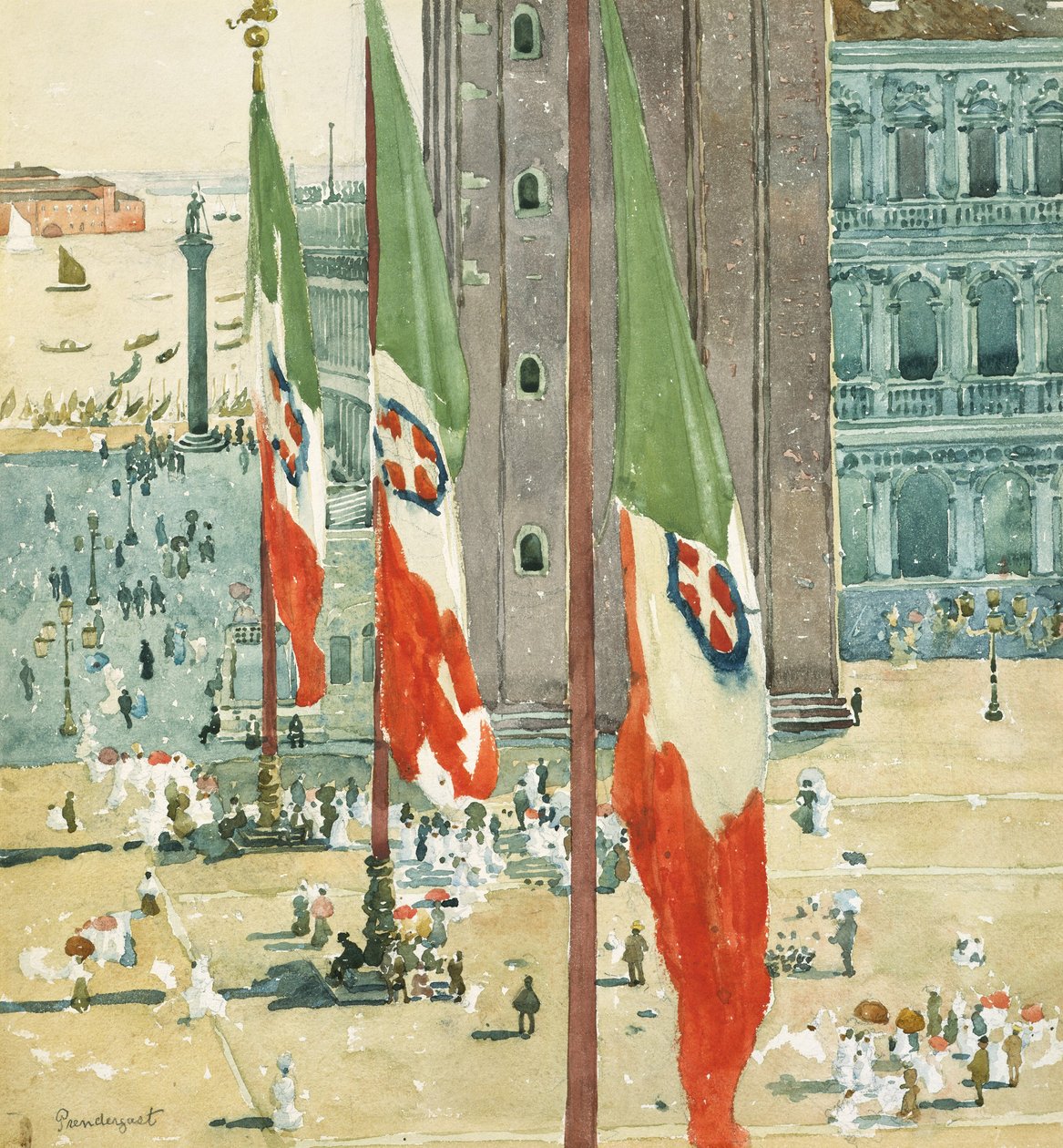 Piazza di San Marco, c.1898-99 (wc e grafite em papel de seda branco) de Maurice Brazil Prendergast