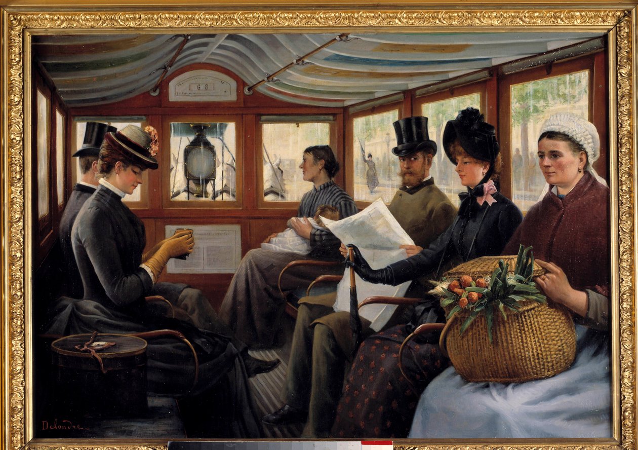 No ônibus os passageiros se instalam em um ônibus. Pintura de Maurice Delondre (século XIX) 1890 Sol. 0,66x0,94 m Paris, Musee Carnavalet de Maurice Delondre