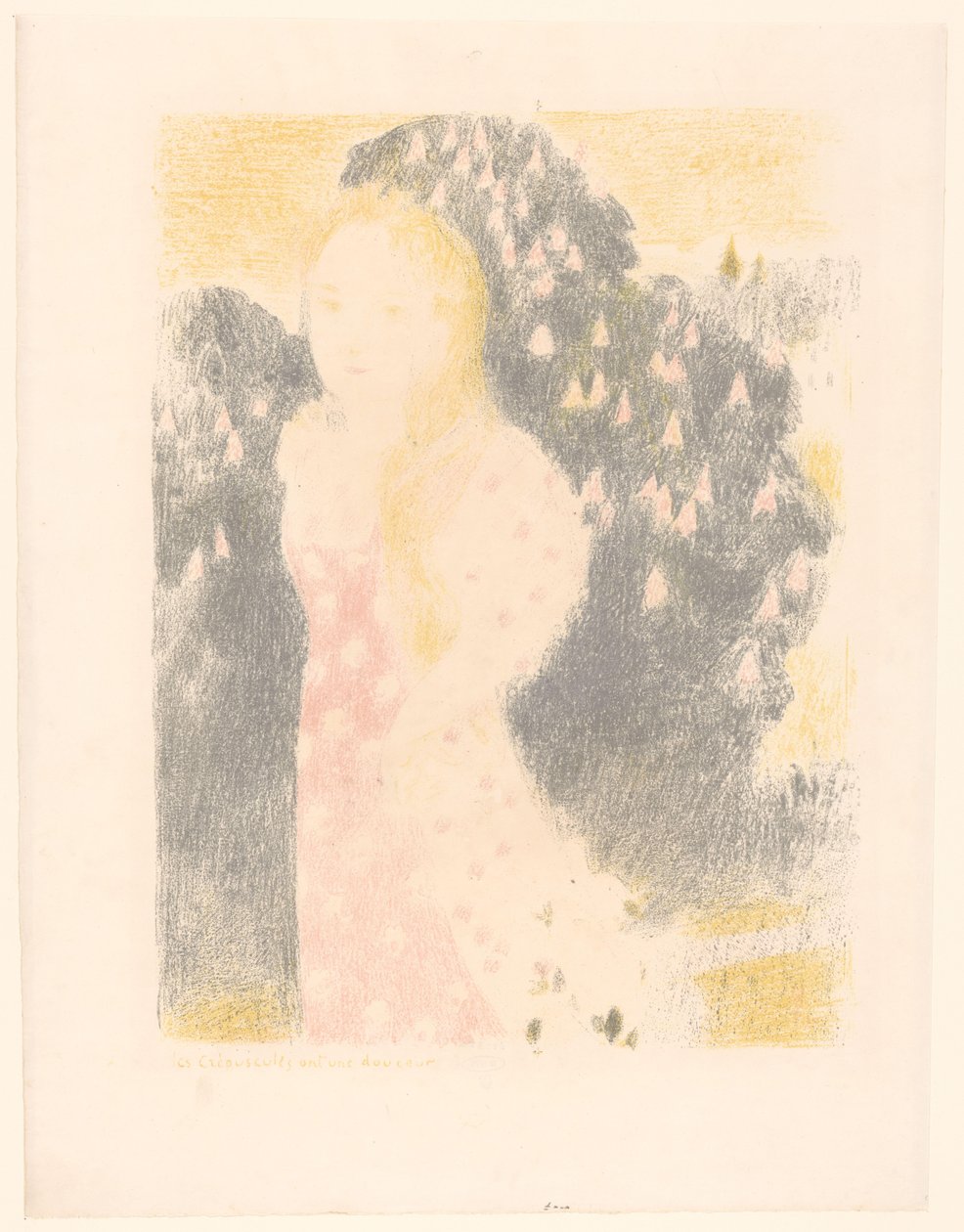 Garota na frente de um arbusto florido Les crépuscules ont une douceur (título no objeto) Representações de amor (título da série) Amour (título da série) de Maurice Denis