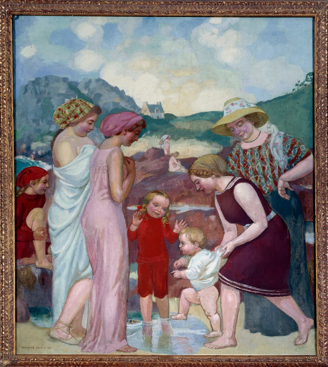 Os primeiros passos. Um rapazinho dá os seus primeiros passos à frente da mãe e da família. de Maurice Denis