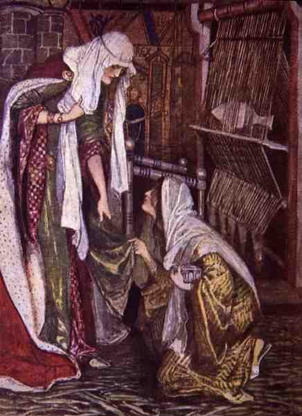 Para a Surpresa da Senhora de Ivanhoe, Sua Visitante de Joelhos", ilustração de "Ivanhoe para Meninos e Meninas", recontada por Alice Jackson, pub. 1924 (litho) de Maurice Greiffenhagen