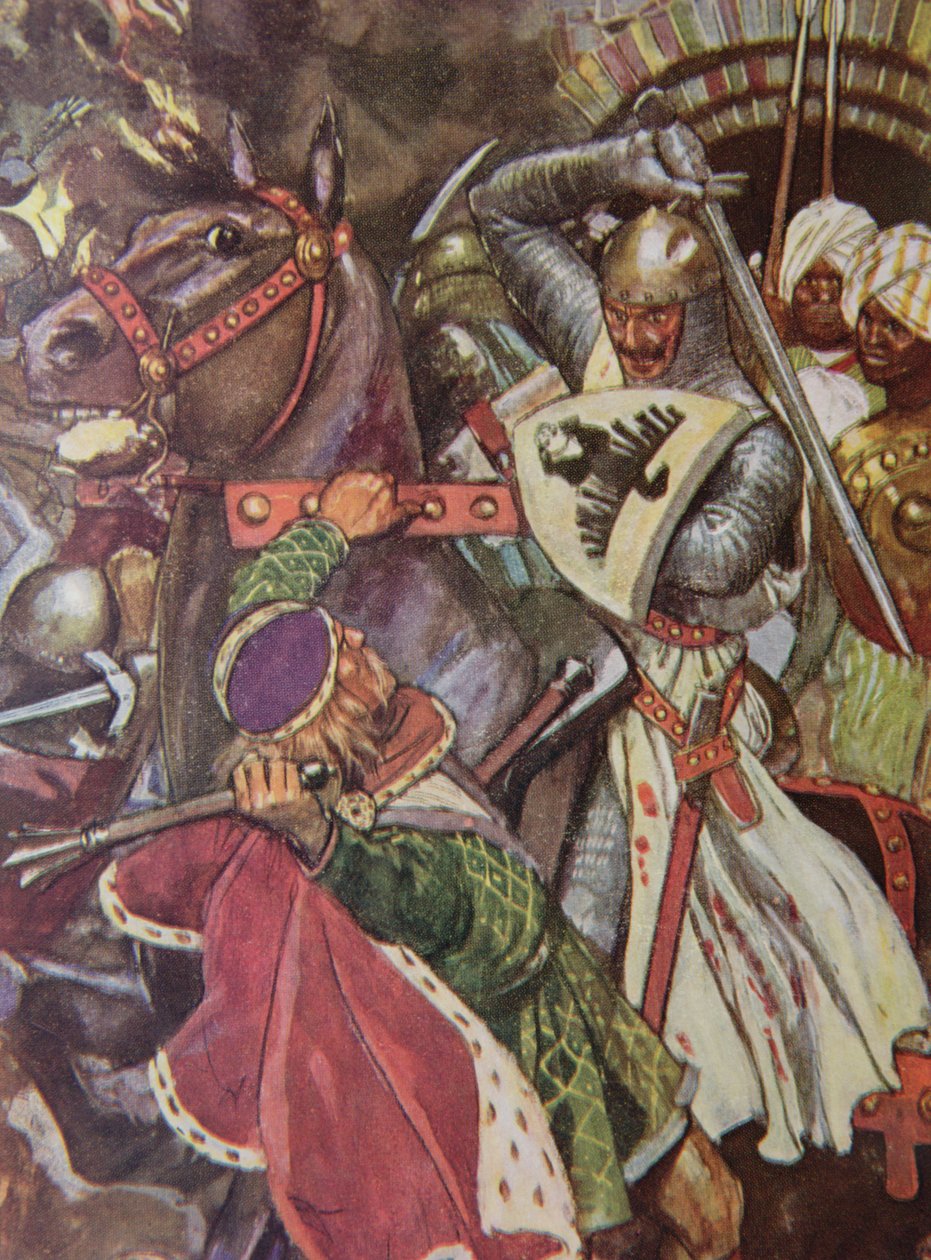 Por sua vez, False Hearted Templar !. Deixado vá sua arte indigna de tocar a toque !., ilustração de "Ivanhoe para meninos e meninas", recontada por Alice Jackson, bar. 1924 de Maurice Greiffenhagen