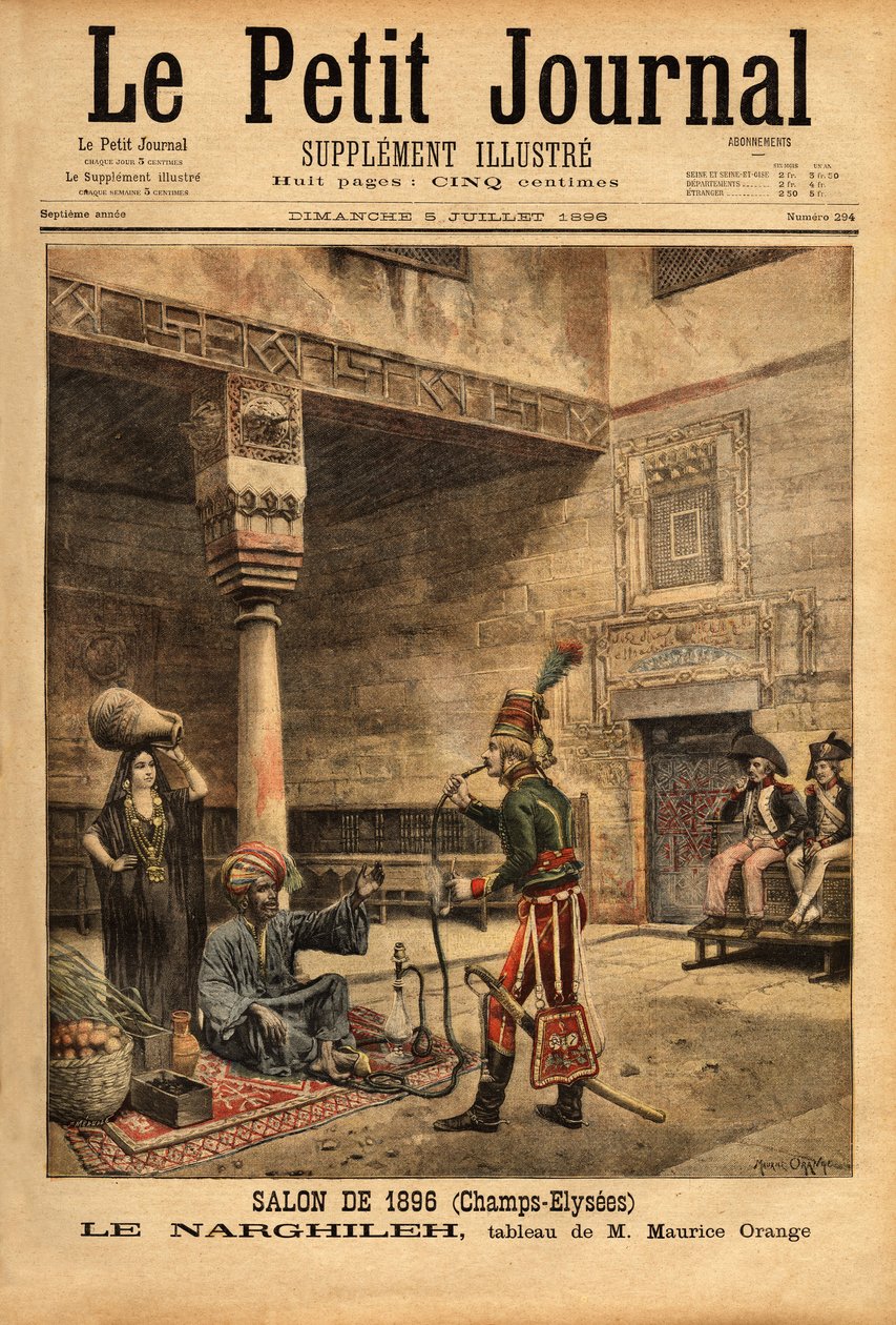 Durante a campanha francesa no Egito, um soldado interroga um indígena sobre seu cano de água, o narghileh (ou narghileh), baseado em um quadro de Maurice Orange, apresentado no Salão de 1896. Gravura em "Le petit journal" 5/07/1896. Selva