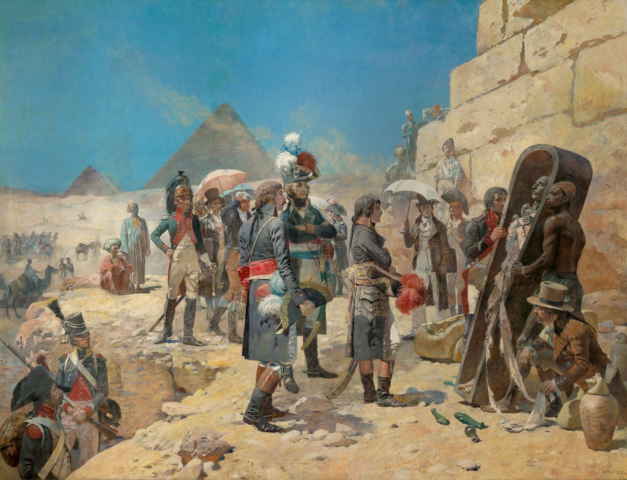 Napoleão Bonaparte em frente às pirâmides contemplando a múmia de um rei no interior do Egito de Maurice Henri Orange