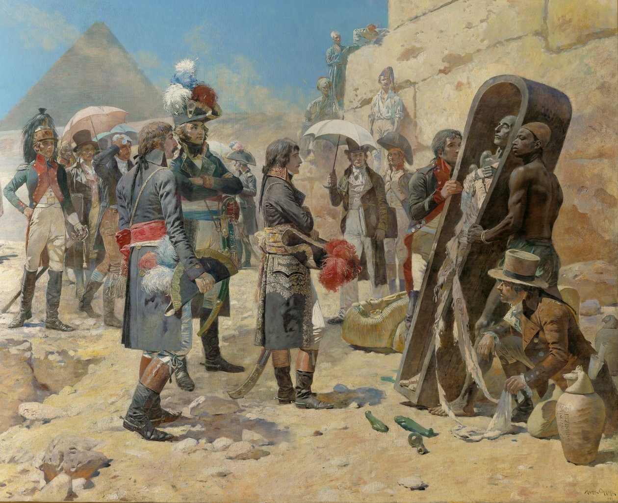 Napoleão Bonaparte em frente às pirâmides contemplando a múmia de um rei no interior do Egito de Maurice Henri Orange