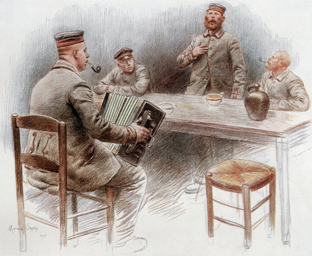 Prisioneiros a tocar acordeão e a cantar no campo de prisioneiros de Dinan de Maurice Henri Orange