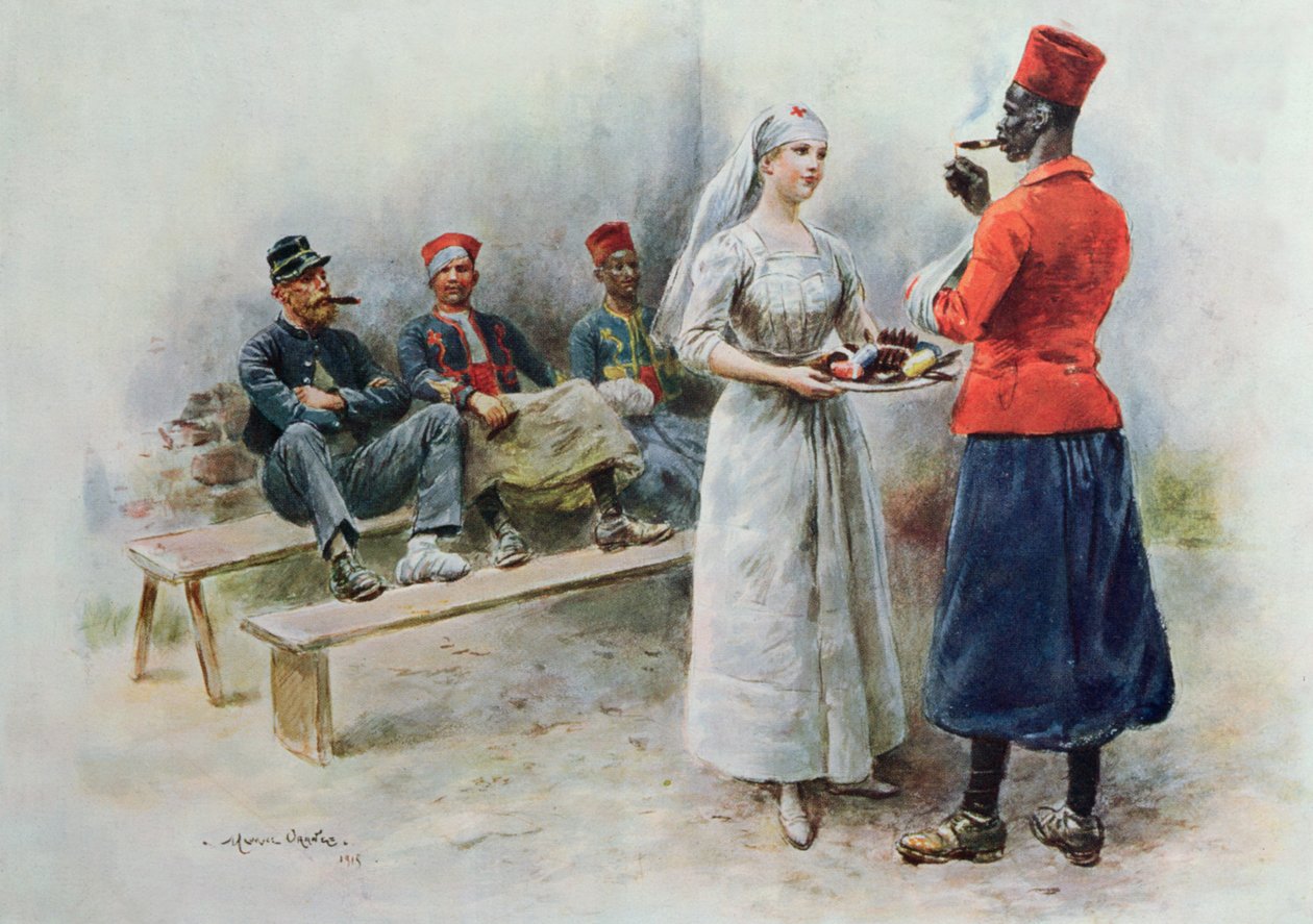 A enfermeira favorita com Zouaves e soldados durante a Primeira Guerra Mundial, 1915 de Maurice Henri Orange