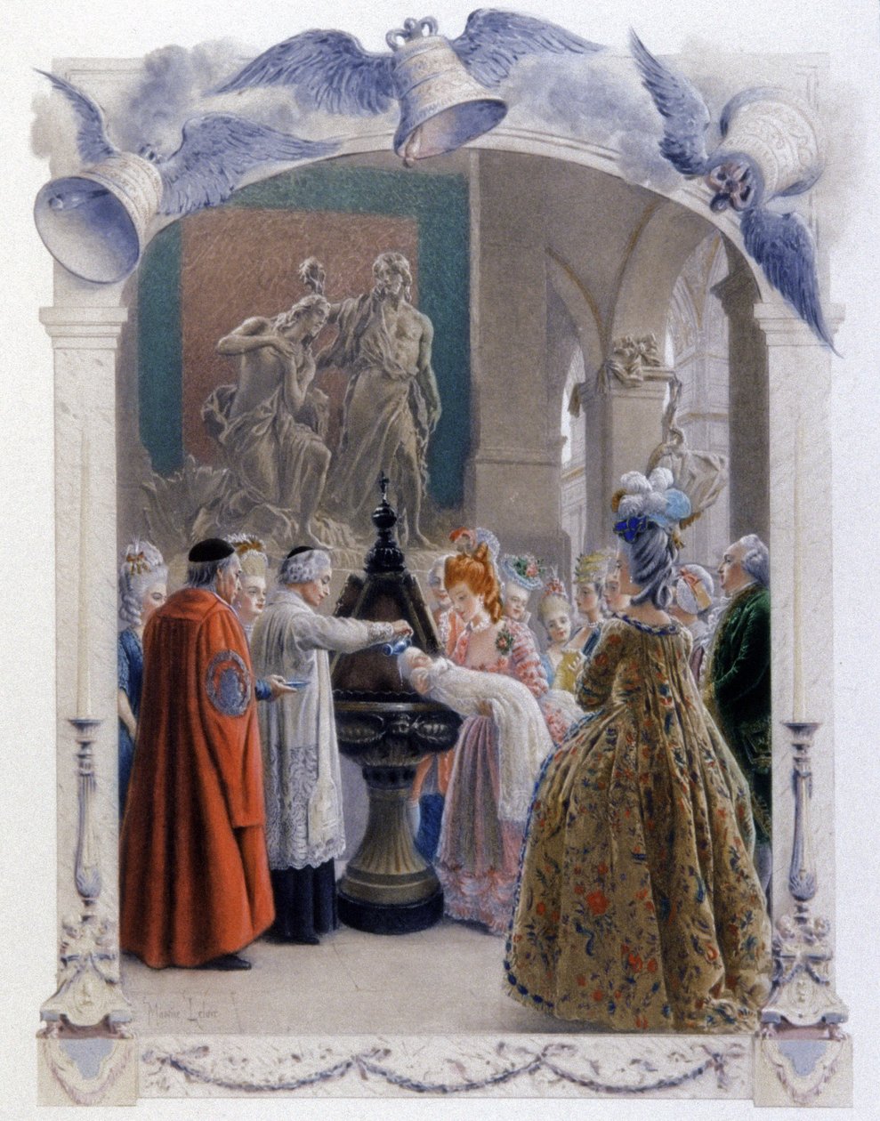 Cena de baptismo nobre do século XVIII, c.1900 (ilustração) de Maurice Leloir