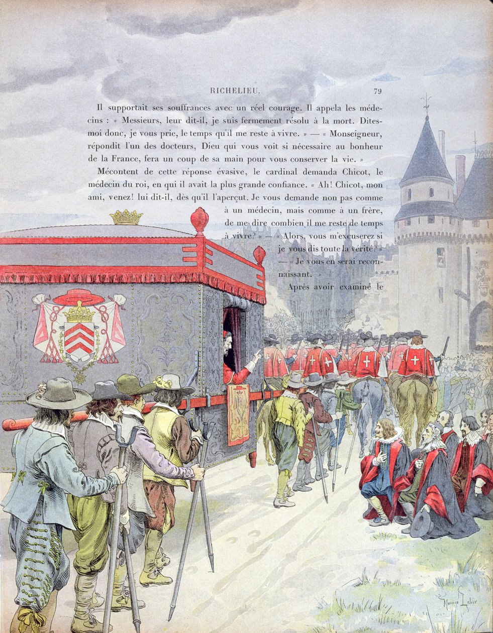 Armand-Jean du Plessis, Cardeal Richelieu (1585-1642) viajando em uma ninhada quando um homem velho, ilustração de uma vida de Richelieu por Theodore Camu, 1910 de Maurice Leloir