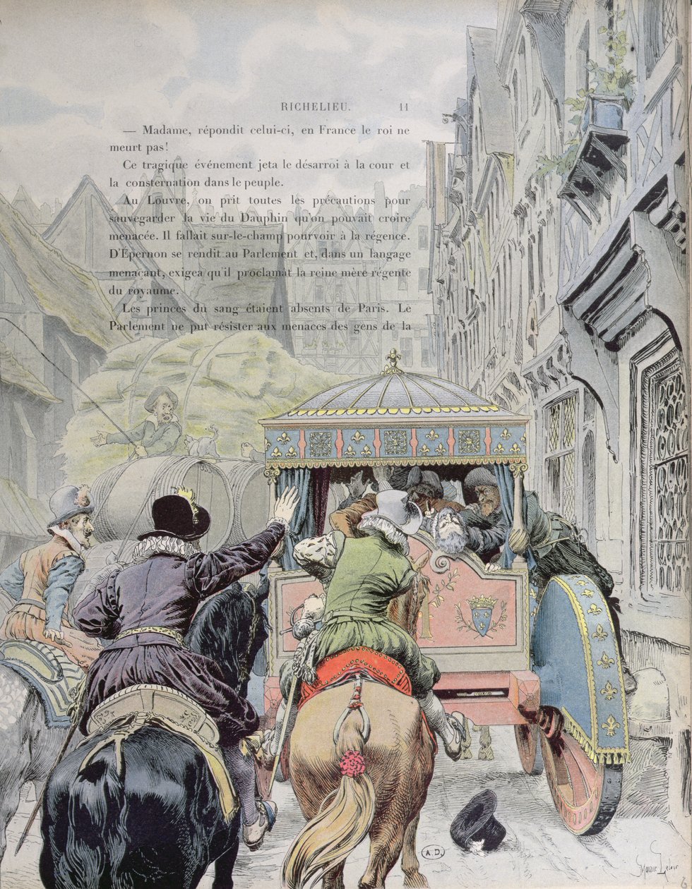 Assassinato de Henri IV por Francois Ravaillac na rue de la Ferronerie em 14 de maio de 1610, c.1900 de Maurice Leloir
