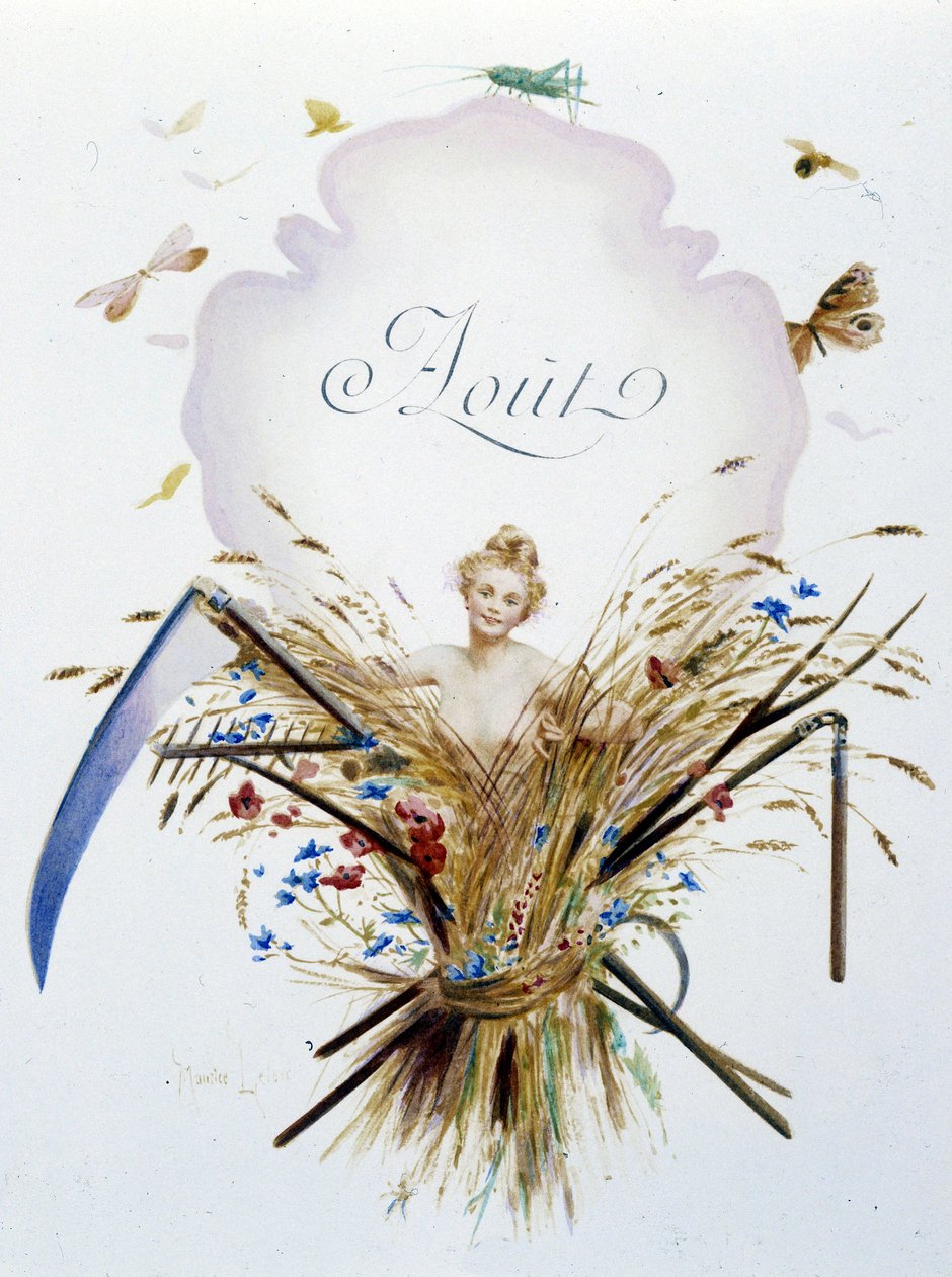 Agosto "La Chanson du mois" de Jérôme Doucet, ilustração - Maurice Leloir, ed. Reims 1904. L. Michaud de Maurice Leloir