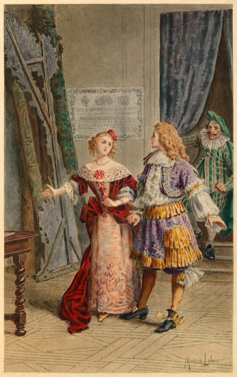 Nos bastidores de Scapin, Armande, Baron e Moliere (ilustração) de Maurice Leloir