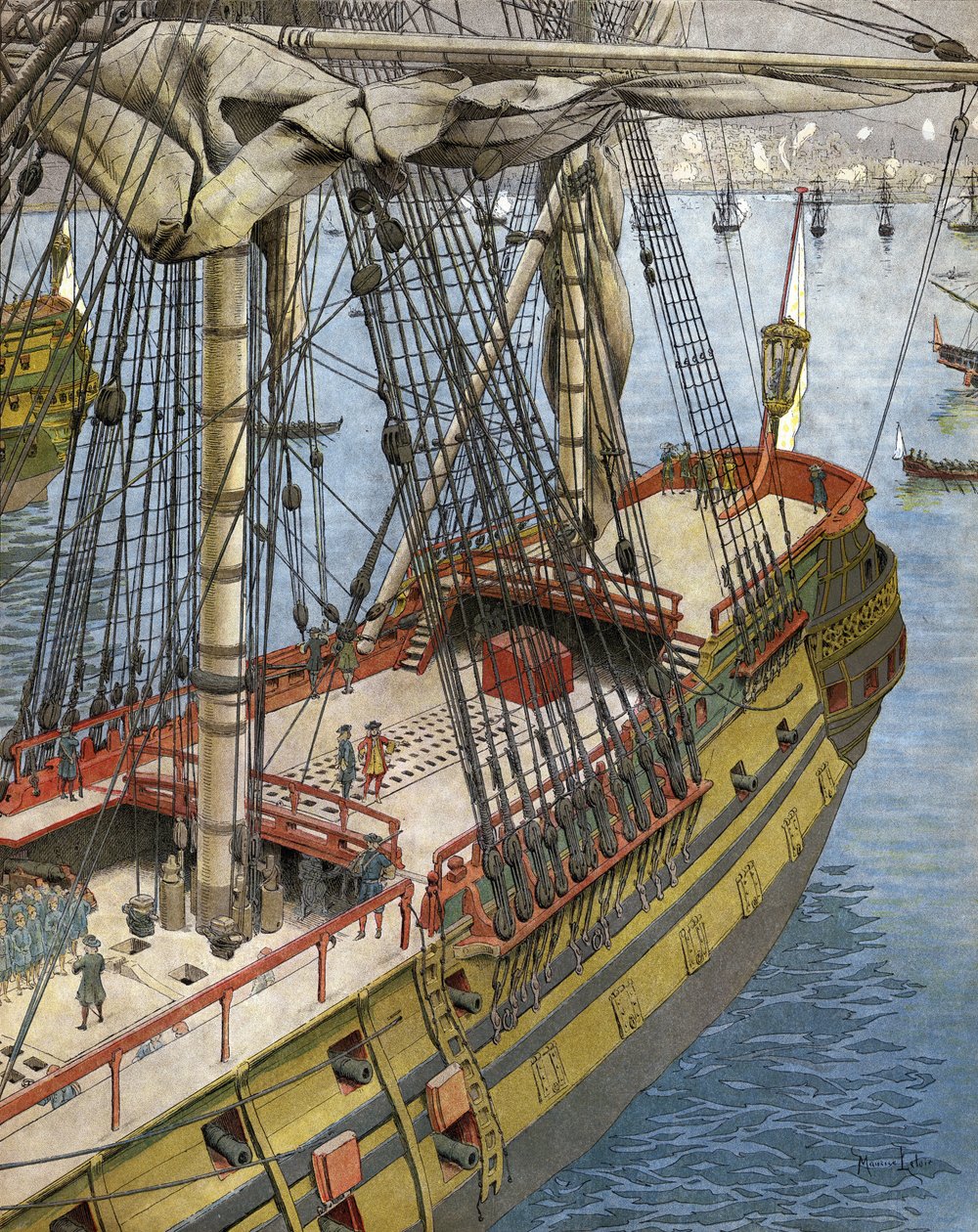 Bombardeamento e incêndio da cidade de Argel em 1682: Abraham Marquês Duquesne (entre 1604 e 1610-88), um oficial da marinha francesa, vê do seu navio o efeito produzido pelas bombas galiotes. Cromotypografia em "Le Roy Soleil" (Luís XIV), de Gu de Maurice Leloir