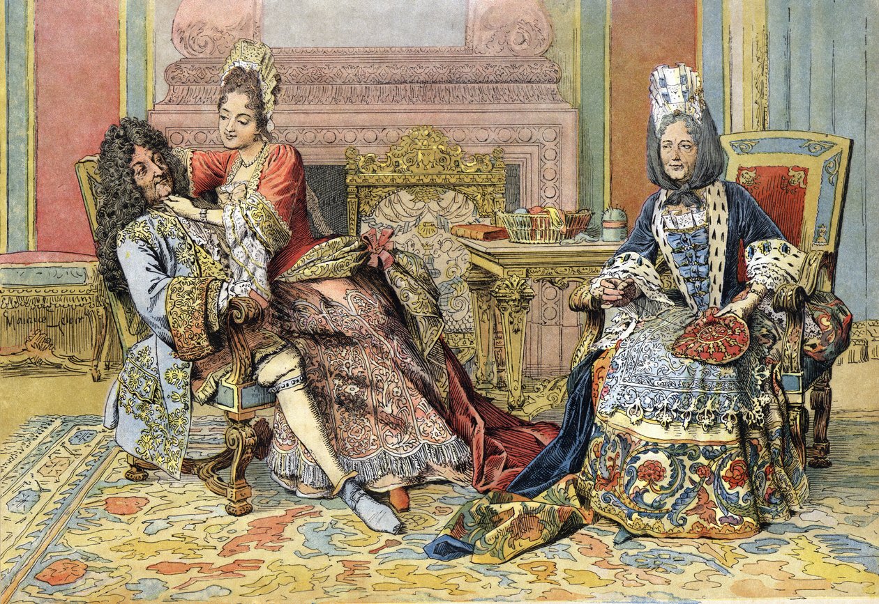 Familiaridade da Duquesa de Borgonha com Luís XIV conhecido como o Rei Sol (Rei Soleil ou Luís o Grande) de Maurice Leloir