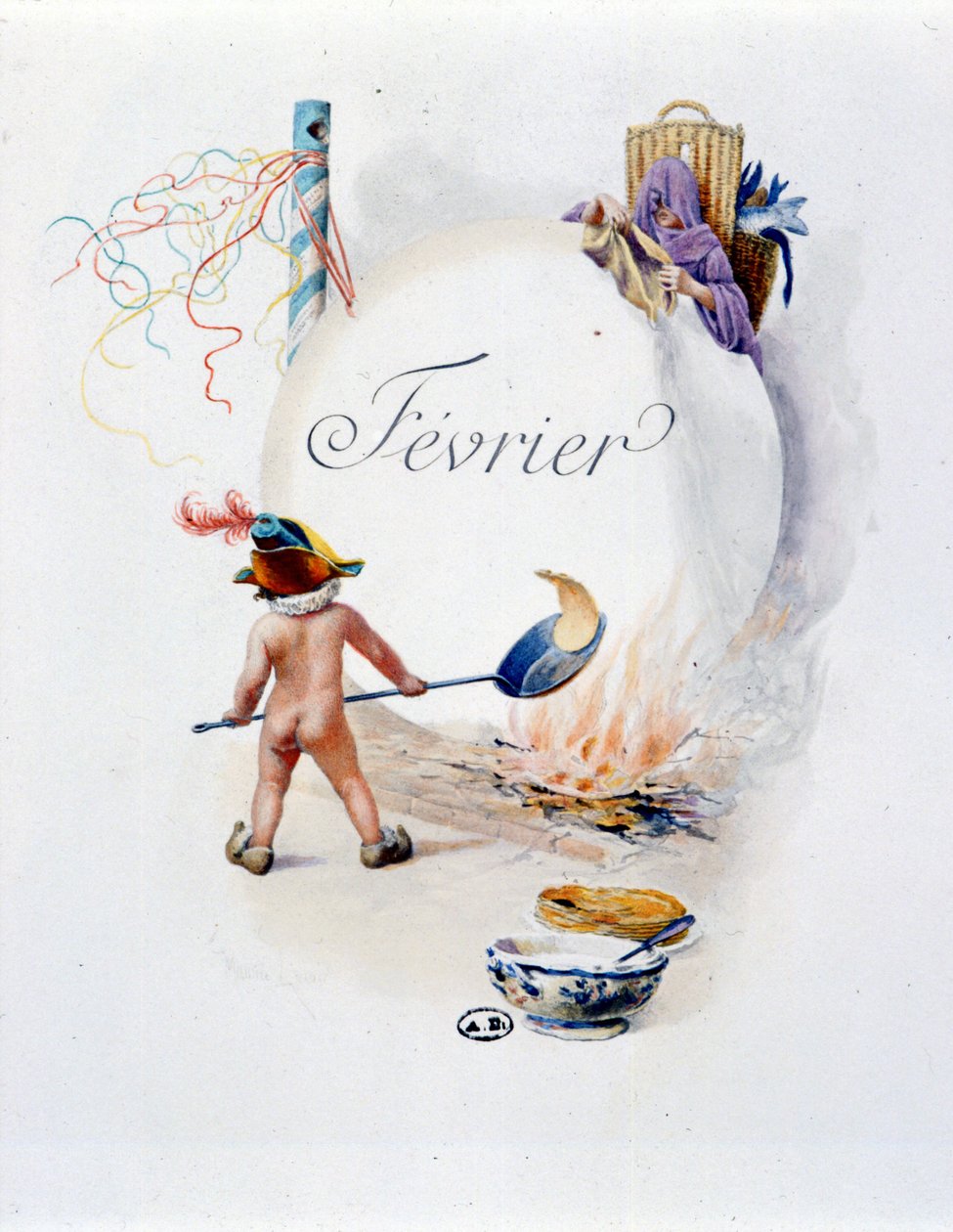 Fevereiro "La Chanson du mois" de Jérôme Doucet (Chandeleur), ilustração - Maurice Leloir, ed. Reims 1904 L. Michaud de Maurice Leloir