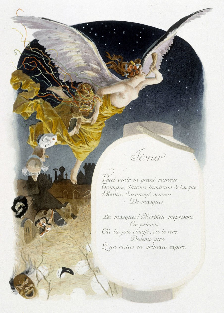 Fevereiro "La Chanson du mois" de Jérôme Doucet, ilustração - Maurice Leloir, ed. Reims 1904. L. Michaud de Maurice Leloir