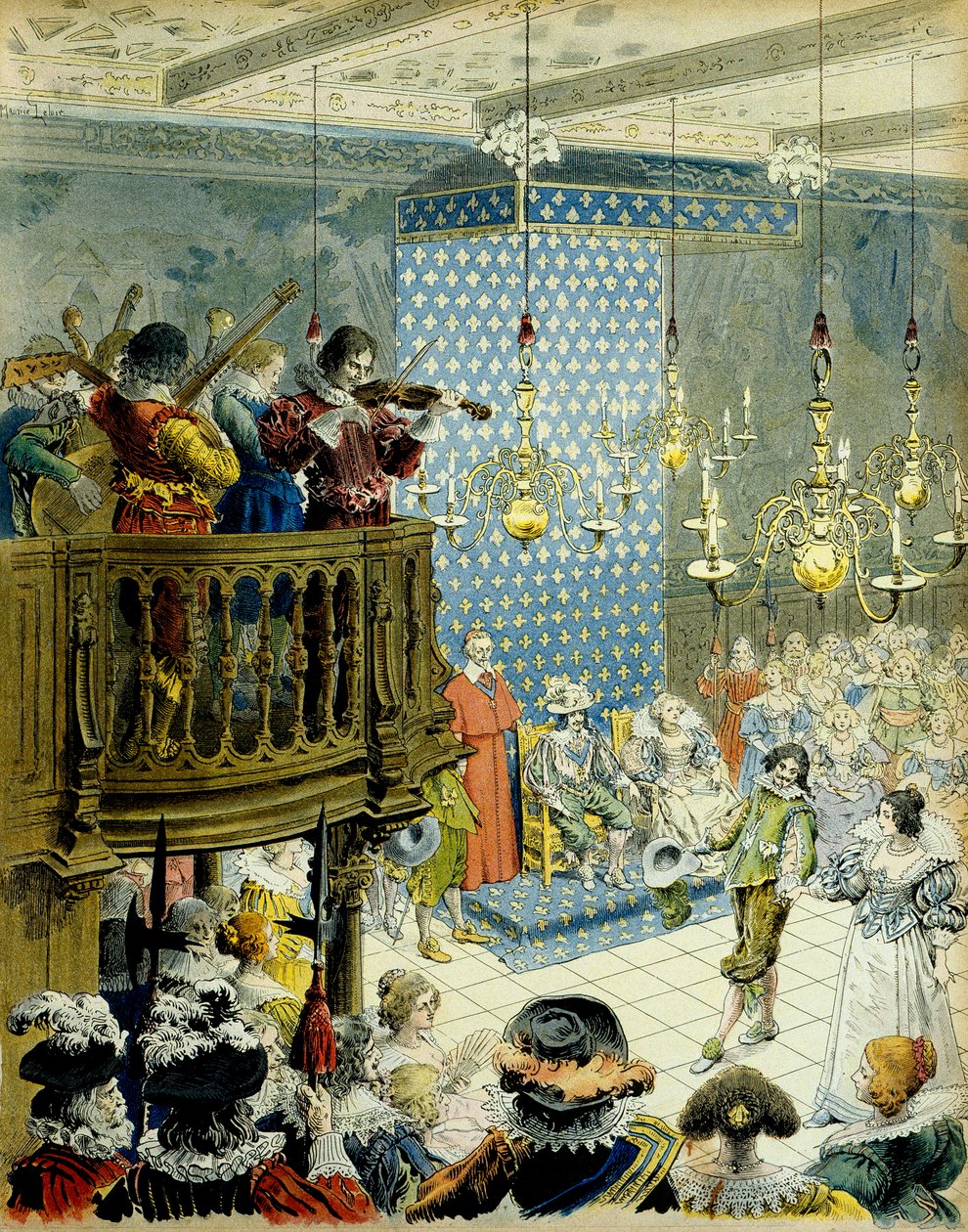 História da França: Um baile no pátio do Rei Luís XIII (1601-1643) com a Rainha Marie de Medicis (1575-1642) e o Cardeal Richelieu (Armand Jean du Plessis de Maurice Leloir