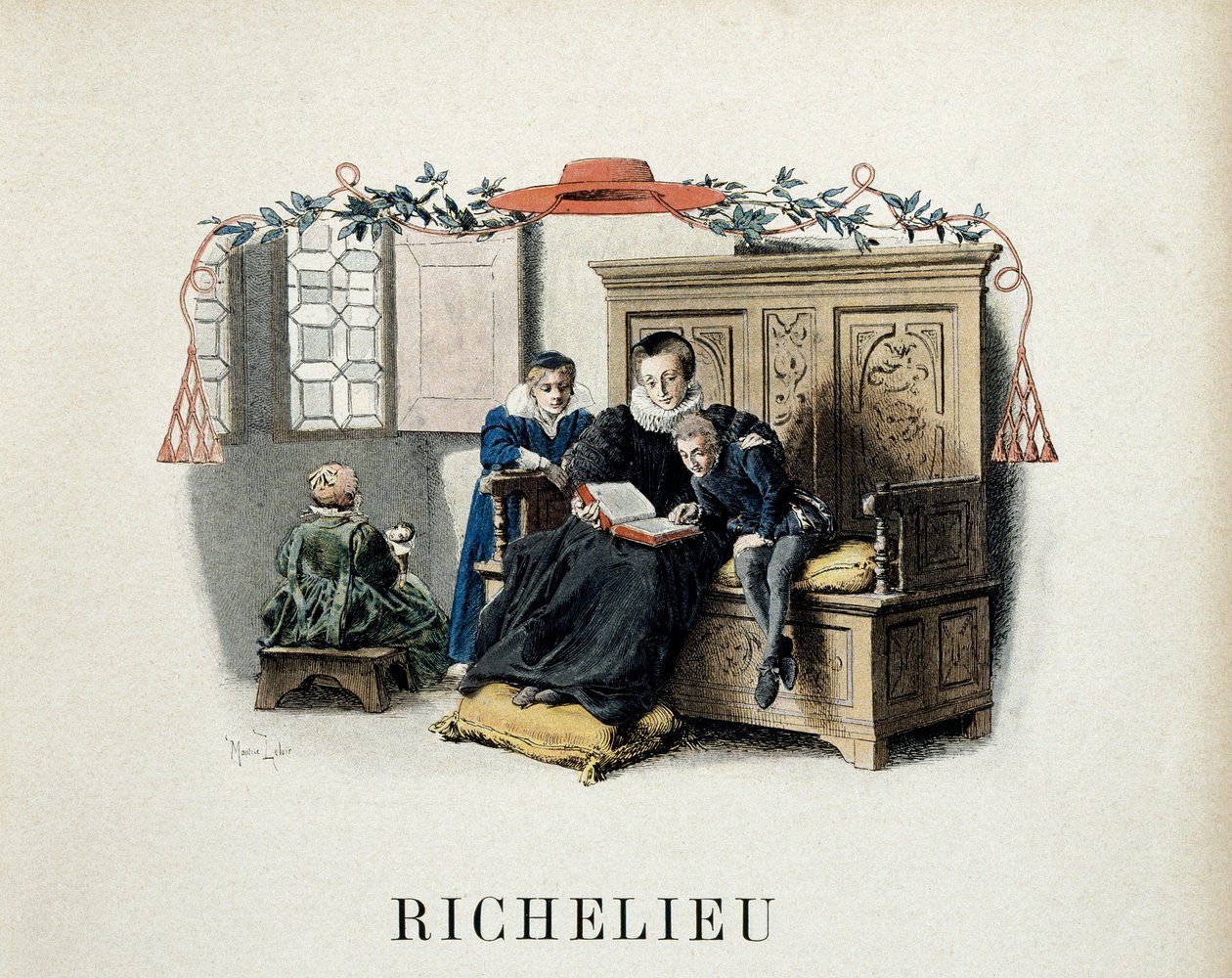 História da França: A mãe de Armand Jean du Plessis, que se tornou Cardeal Richelieu (1585-1642) e depois Ministro de Luís XIII, orienta as suas primeiras leituras. Ilustração de Maurice Leloir (1853-1940) em "Richelieu" de Theodore Cahu de Maurice Leloir
