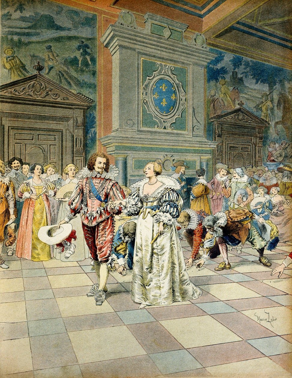 História da França: George Villiers, Duque de Buckingham (1592-1628) na corte da França, semeou as suas pérolas sob os passos dos cortesãos. Ilustração de Maurice Leloir (1853-1940) em "Richelieu". de Maurice Leloir
