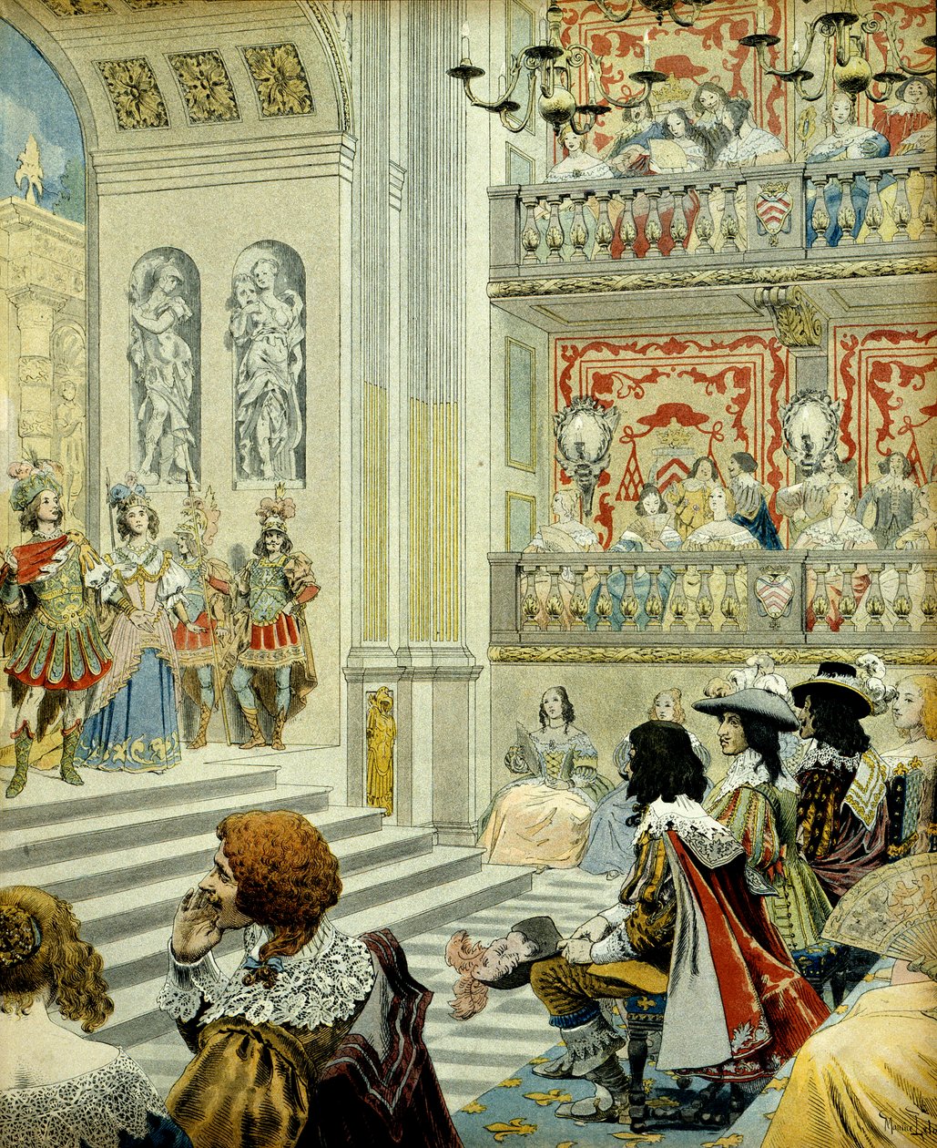 História da França: Representação no teatro do palácio cardeal (hoje palácio real) da peça "Mirame", uma comédia heróica escrita em 1641 pelo Cardeal Richelieu (Armand Jean du Plessis de Maurice Leloir