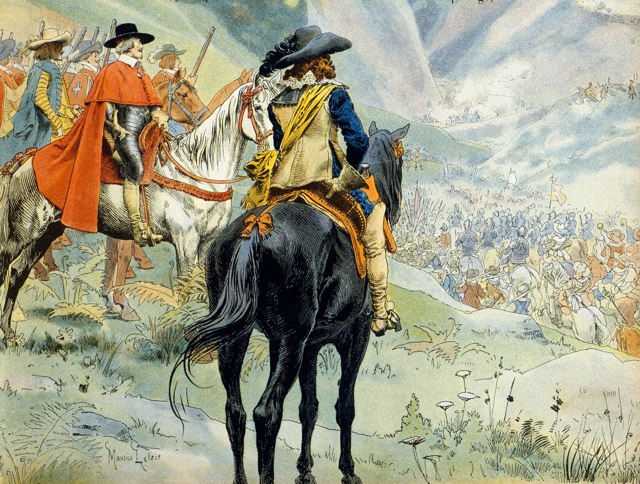História da França: Guerra da Sucessão de Mântua (1628-1631) durante a Guerra dos Trinta Anos. A batalha do Pas de Suze (Susa) representando o Rei Luís XIII (1601-1643) e o Cardeal Richelieu (Armand Jean du Plessis de Maurice Leloir