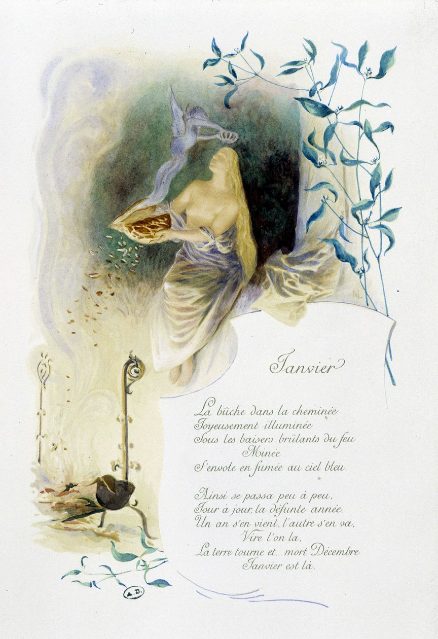 Janeiro "La Chanson du mois" de Jérôme Doucet, ilustração - Maurice Leloir, ed. Reims 1904. L. Michaud de Maurice Leloir