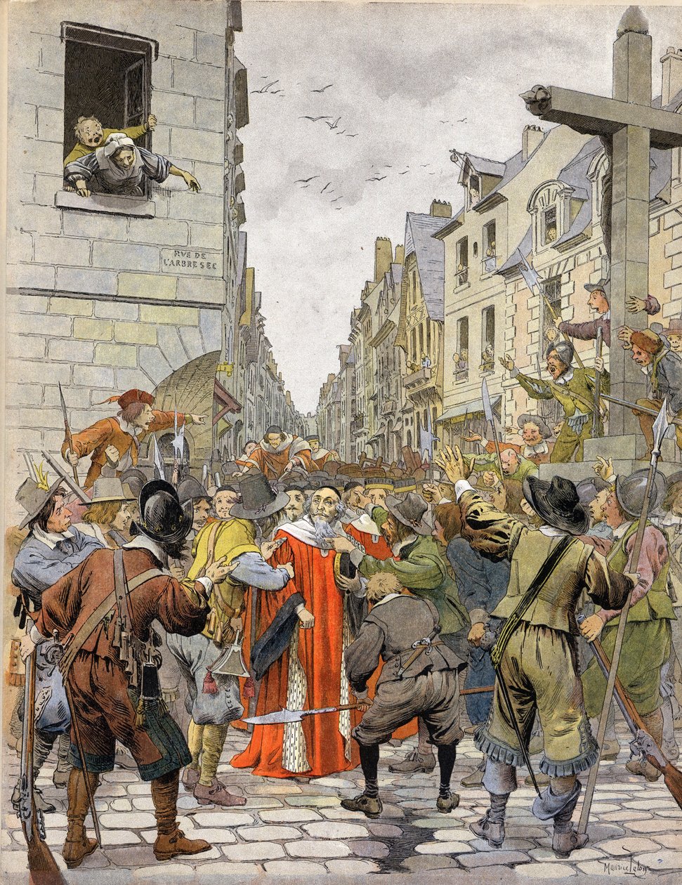 La Fronde: Journees des Barricades (Agosto de 1648): Na cruz de Trahoir (na esquina das ruas Saint Honore (Saint-Honore) e do Arbre Seco em Paris), a multidão exige que Mathieu Mole (1584-1656), primeiro Presidente do Parlamento, vá ao Palais R de Maurice Leloir