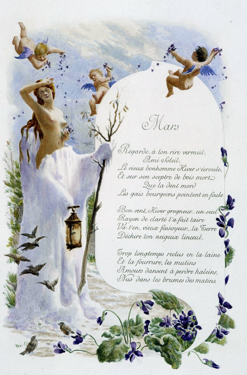Março "La Chanson du mois" de Jérôme Doucet, ilustração - Maurice Leloir, ed. Reims 1904. L. Michaud de Maurice Leloir