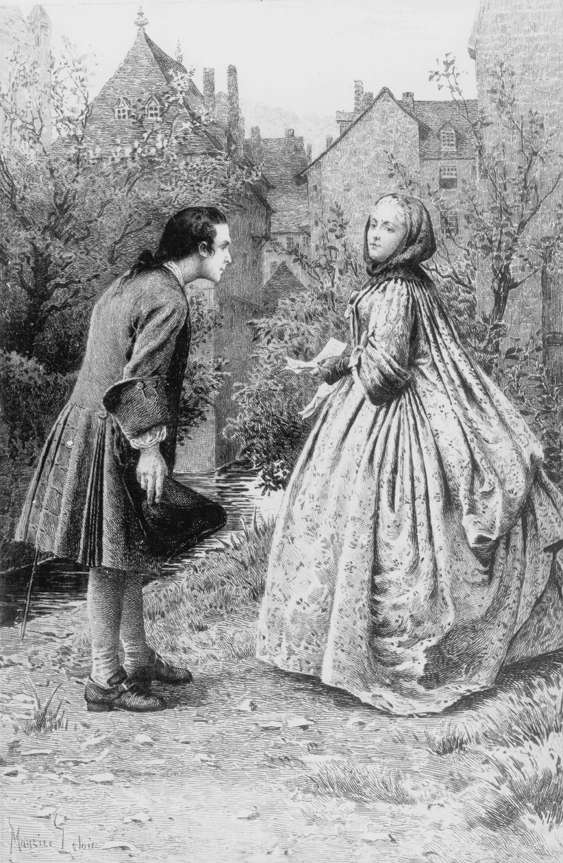 Encontro do jovem Jean-Jacques Rousseau e futura amiga íntima Madame de Warens, 21 de Março de 1728 (gravura) de Maurice Leloir