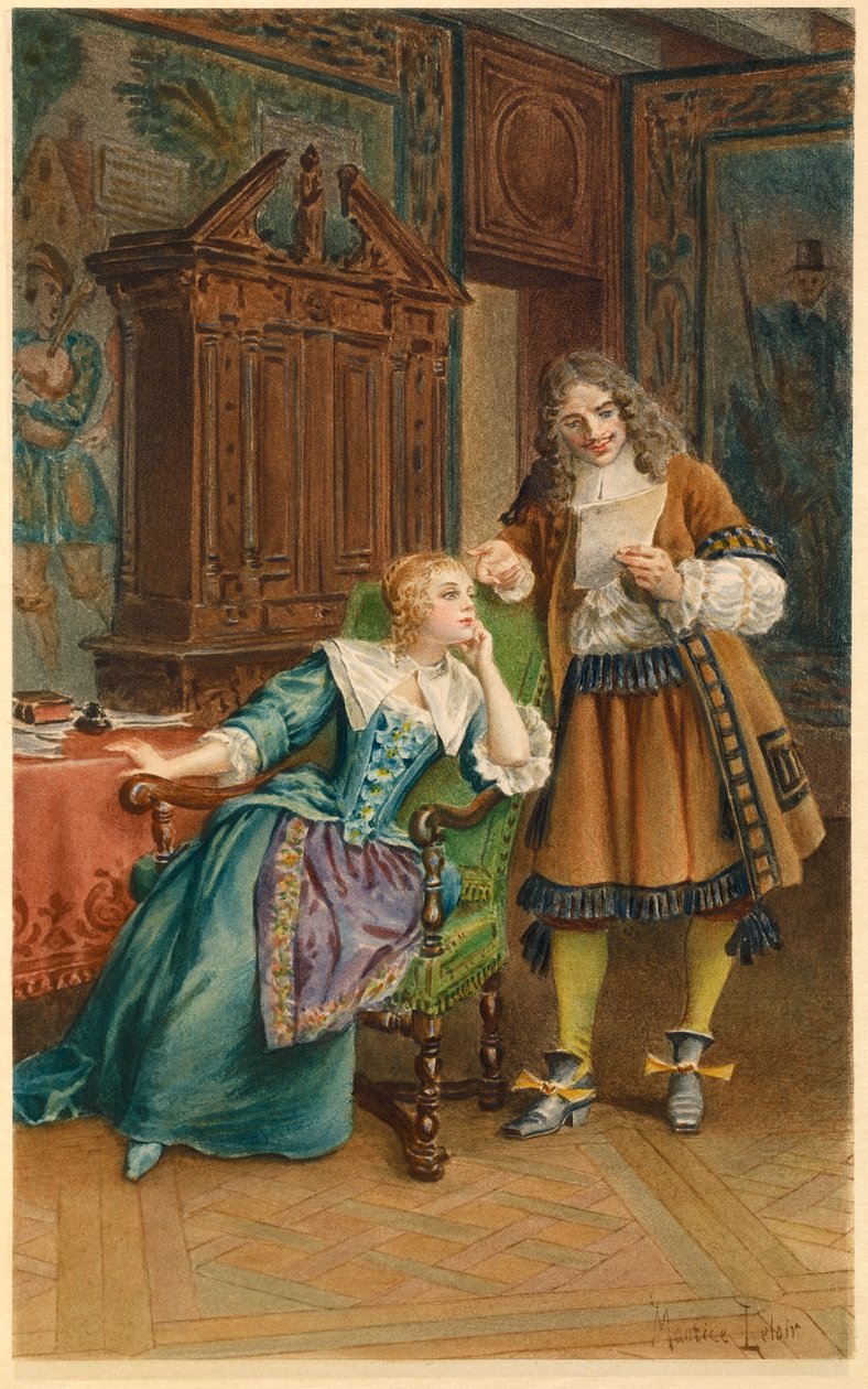Molière lê uma nova peça a Armande Bejart (ilustração) de Maurice Leloir