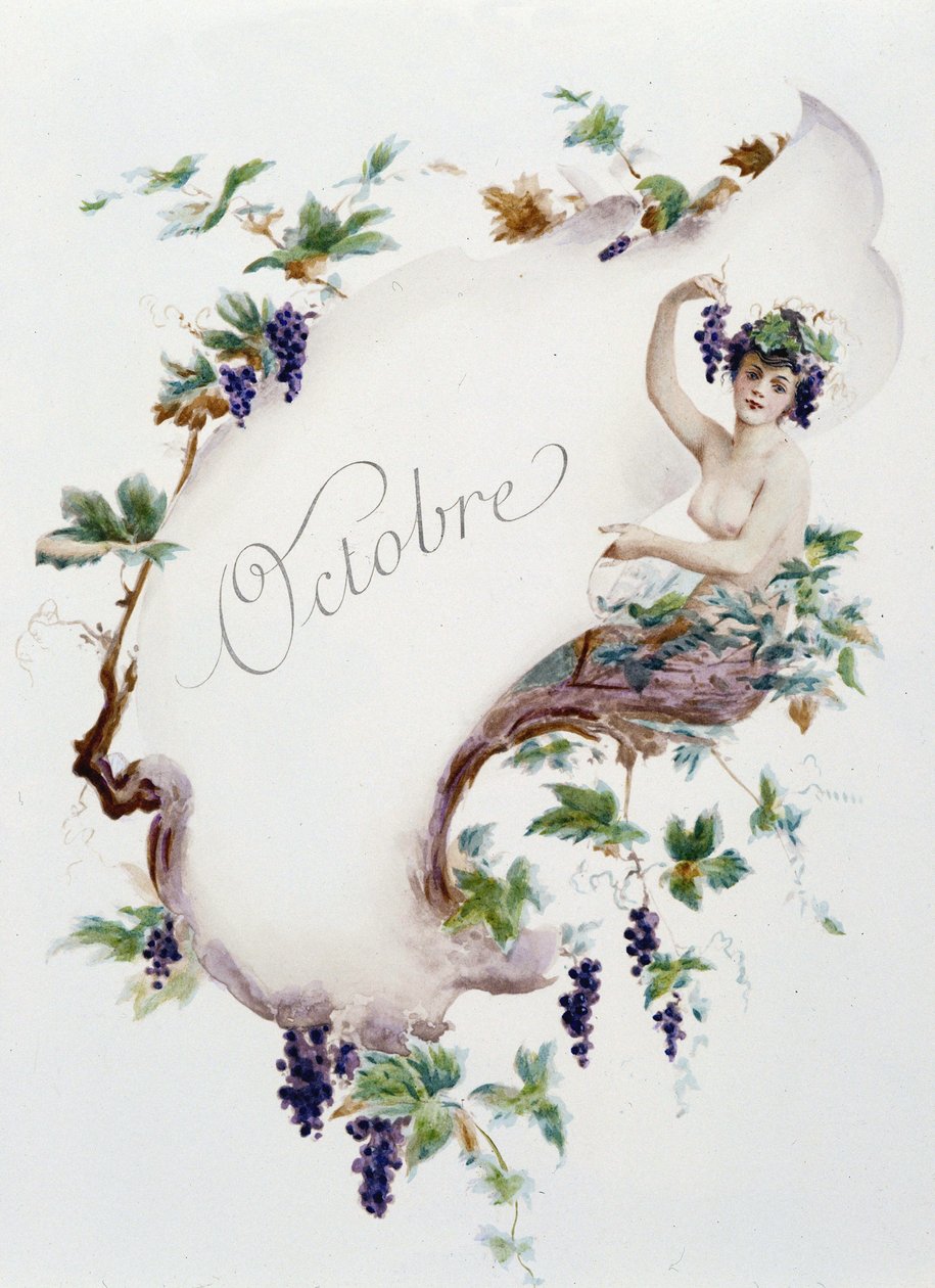Outubro "La Chanson du mois" de Jérôme Doucet, ilustração - Maurice Leloir, ed. Reims 1904. L. Michaud de Maurice Leloir