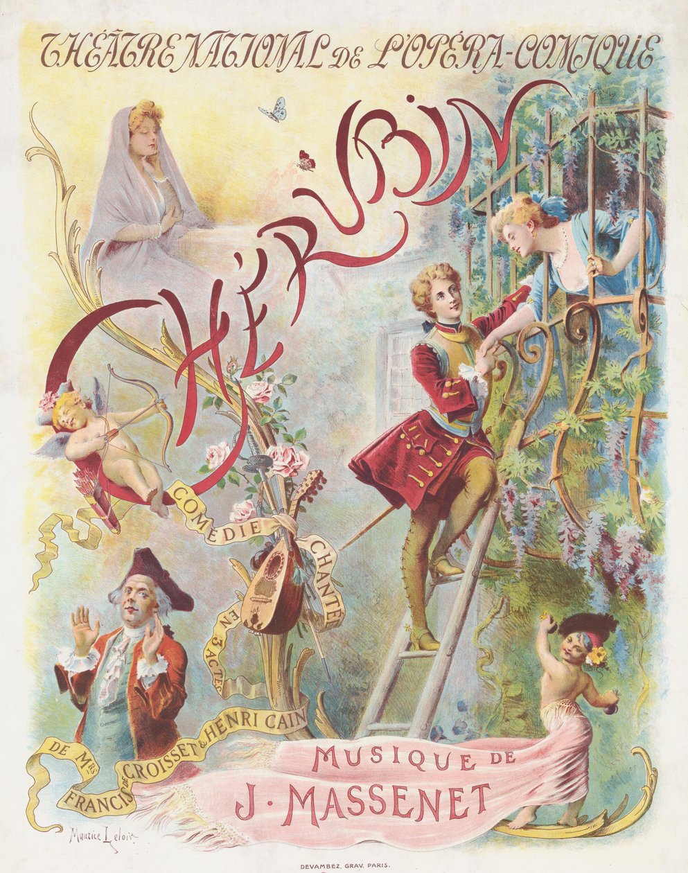 Pôster de estreia da ópera Chérubin de Jules Massenet, 1905. de Maurice Leloir