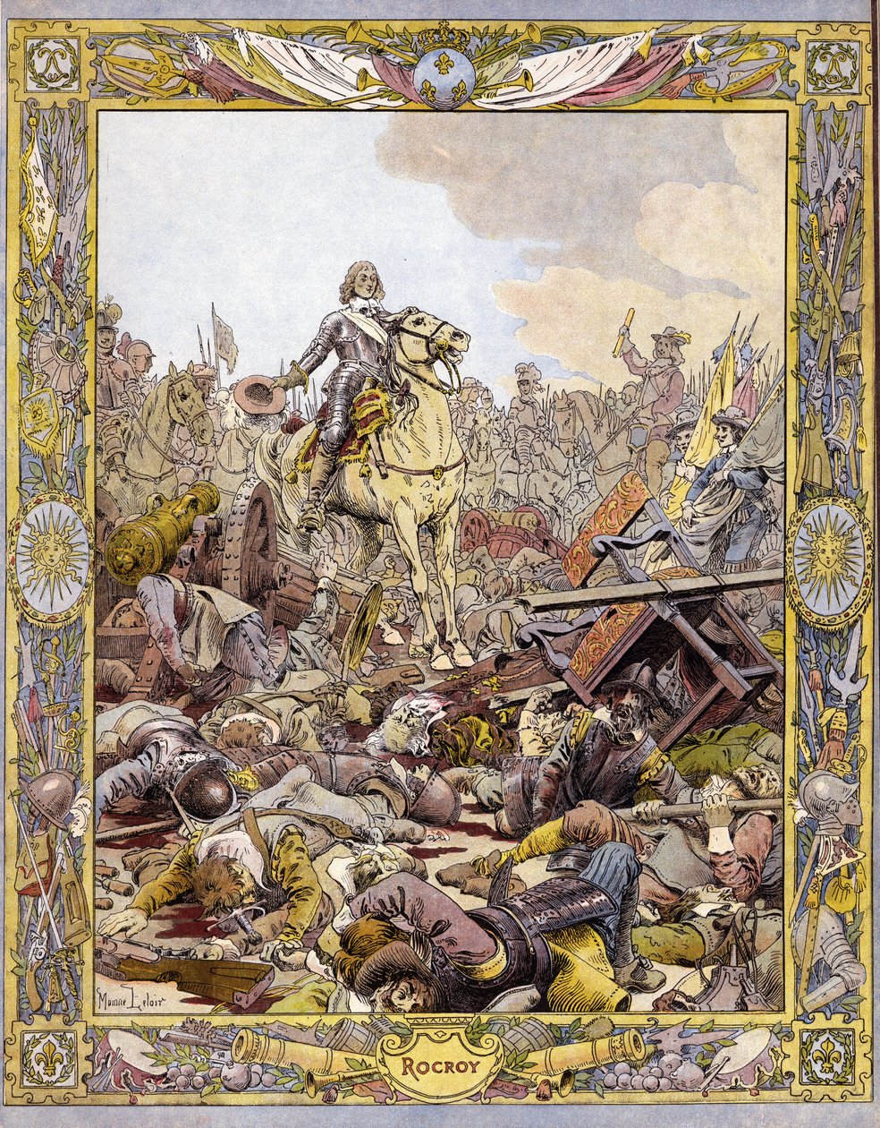 Príncipe Luís II de Bourbon Conde (Bourbon-Conde), conhecido como o Grande Conde (1621-1686), Duque de Enghien saudando o cadáver do Conde de Fontaine na Batalha de Rocroi (Rocroy) contra os espanhóis, 19 de maio de Maurice Leloir